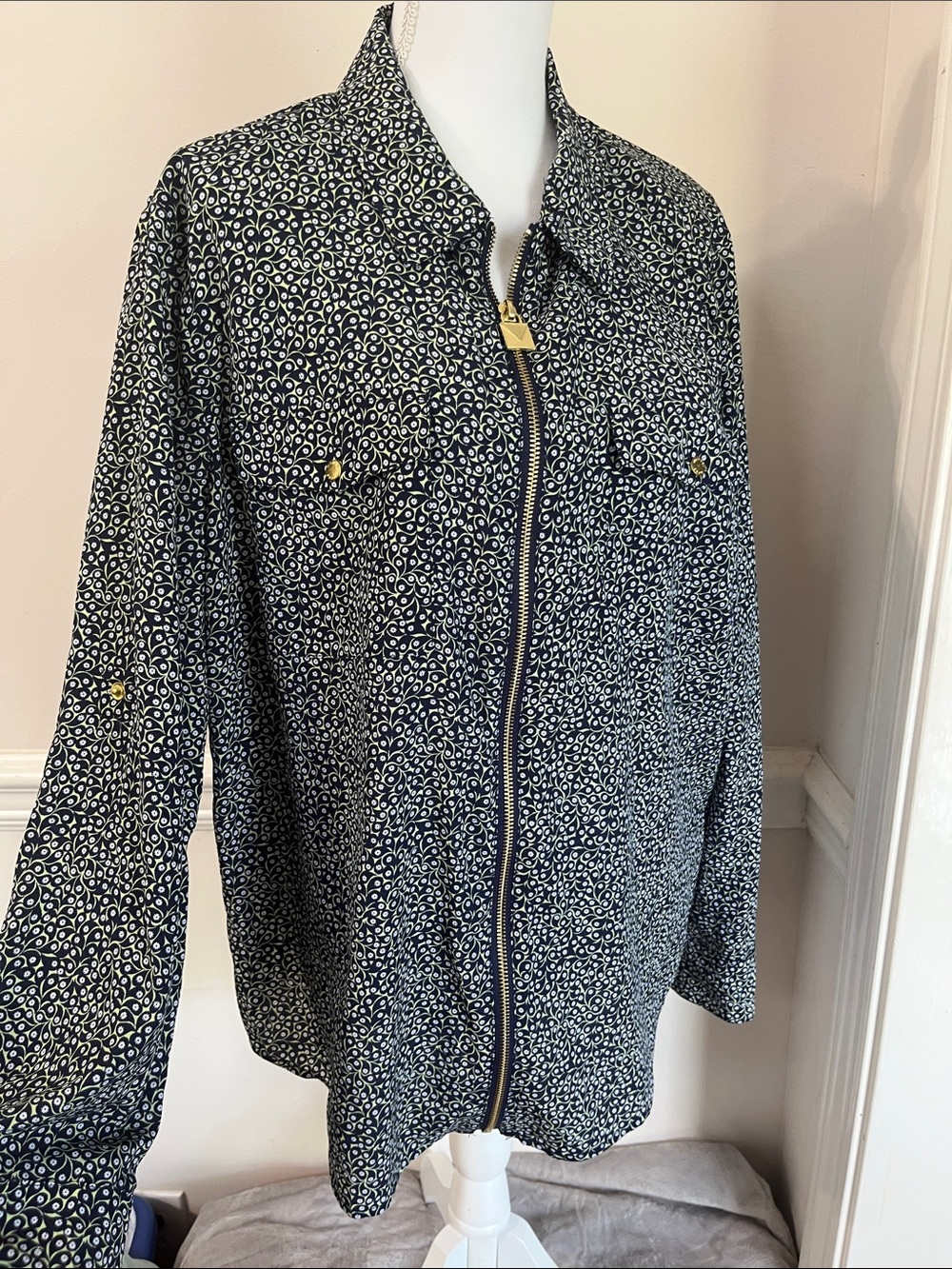 NWOT Michael Kors Navy & White Printed Zip-Front Blouse Size XXL 2X plus